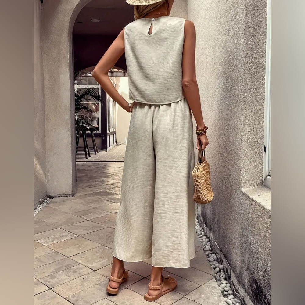 Apricot Elegant Pants Set, Crew Neck Tank Top & Wide Leg Pants Outfits - Picture 3 of 6